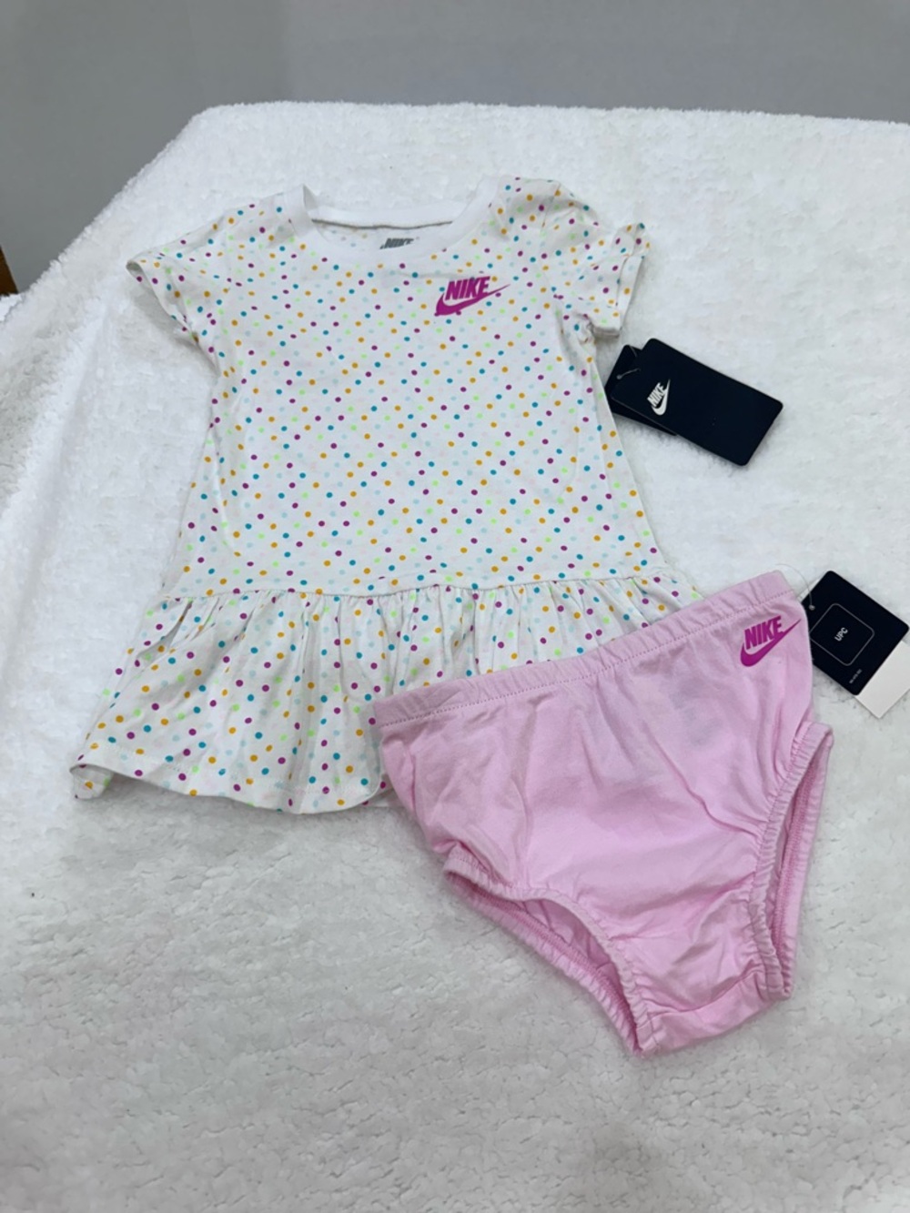 Nike White Polka Dot Peplum Dress with Pink Diaper Cover